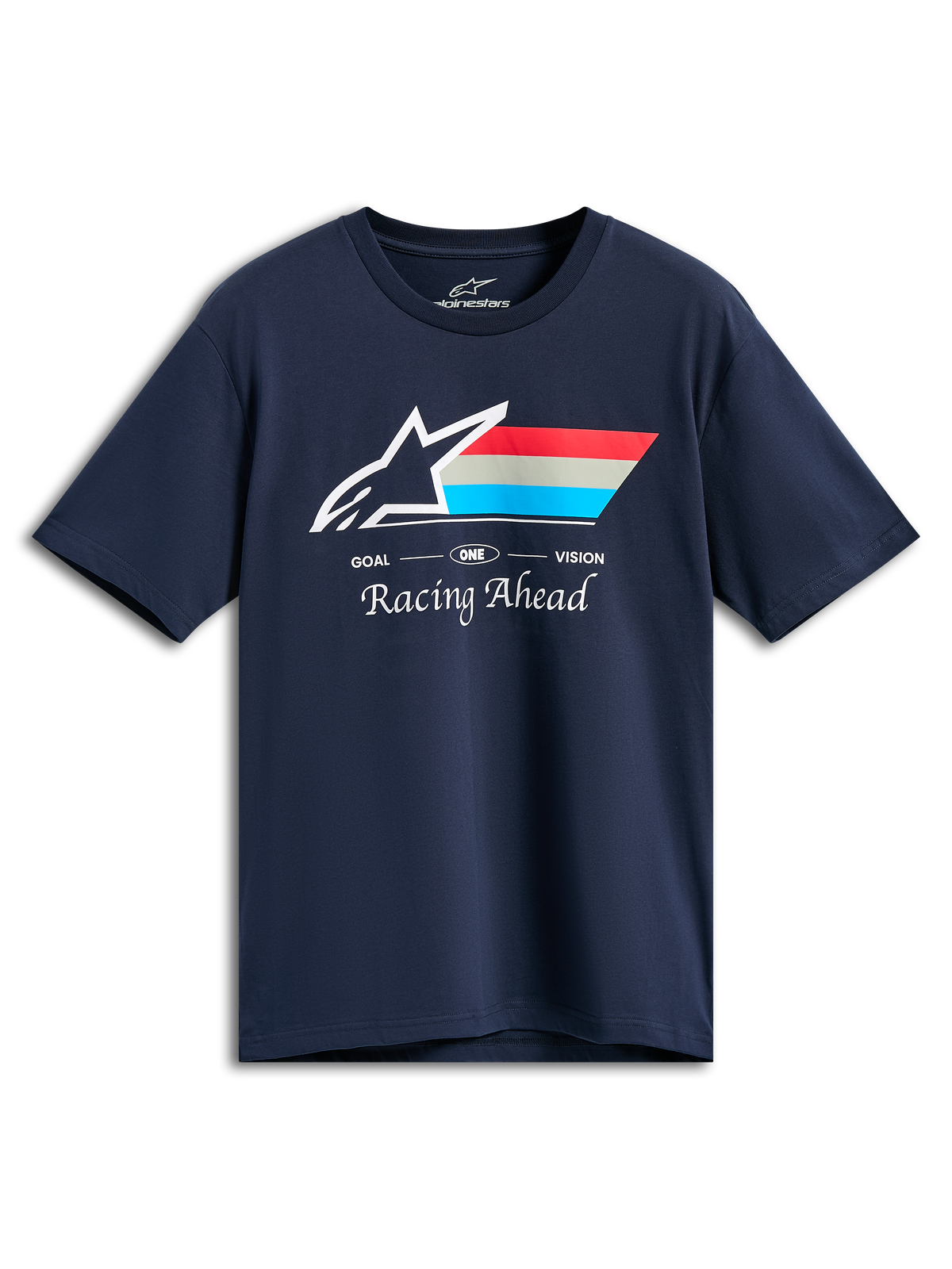 Alpinestars Trifecta CSF T-Shirt, Kurzarm-T-Shirt, Marineblau, weißes Astars-Logo mit roten, grauen und cyanfarbenen Streifen, „GOAL ONE VISION“ und „Racing Ahead“ Schriftzug, lässige Motorsport-Streetwear