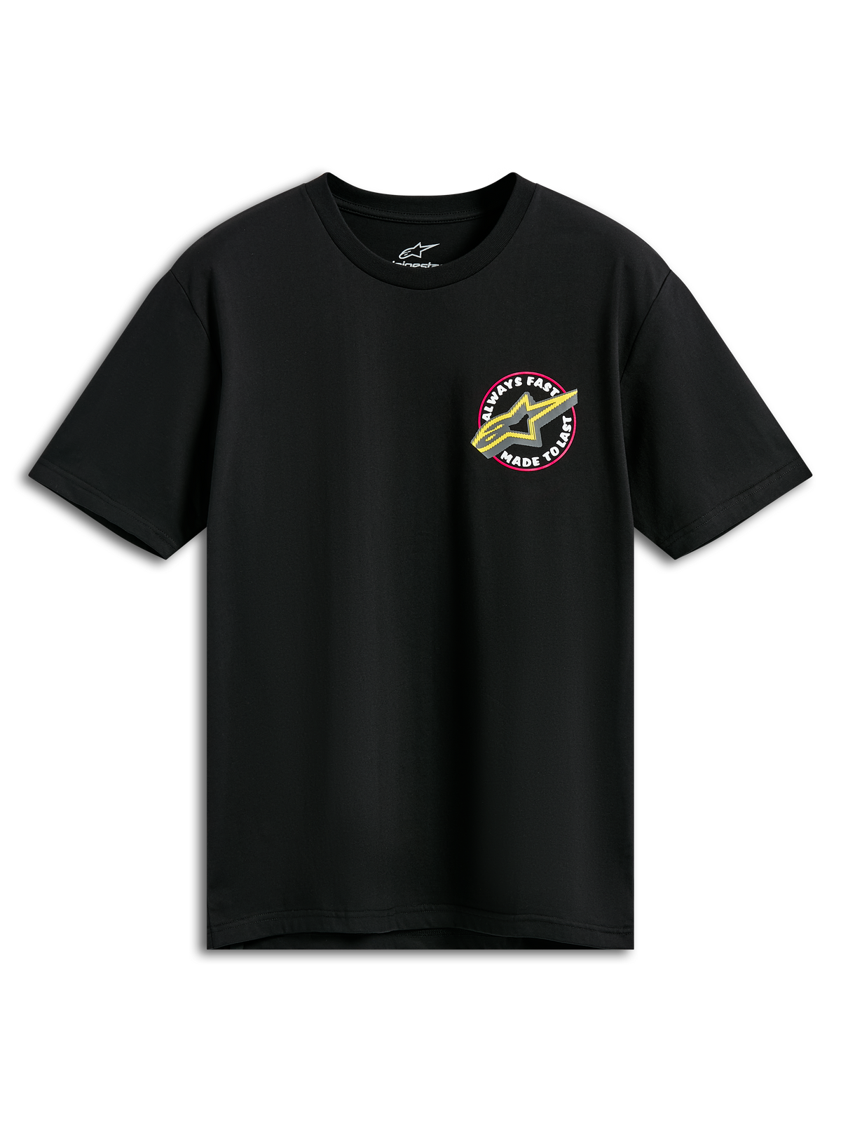 Alpinestars Aorbit CSF Tee, Kurzarm-T-Shirt, Schwarz, pinkfarbenes und gelbes Astars-Logo mit „Always Fast Made to Last“-Grafik, lässige Motorsport-Sportbekleidung