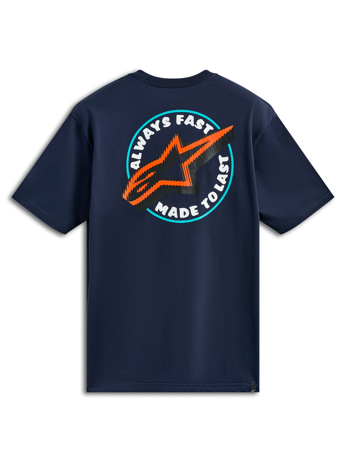 Alpinestars Aorbit CSF Tee, Kurzarm-T-Shirt, Marineblau, Rückansicht mit kreisförmiger Always Fast Made to Last Grafik und orange-schwarzem Stern-Logo, lässige Motorsport-Streetwear
