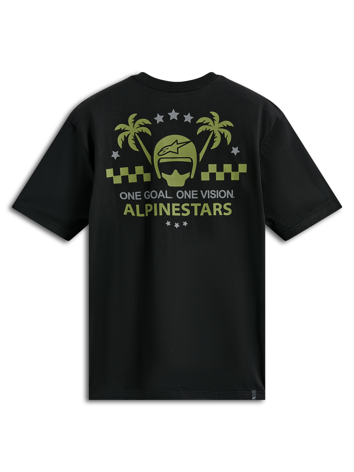 Alpinestars Order CSF T-Shirt, Kurzarm-T-Shirt, Schwarz, olivgrüne und graue Grafik mit Helm und Palmen, „One Goal One Vision“-Schriftzug, lässige Motorsport-Sportbekleidung