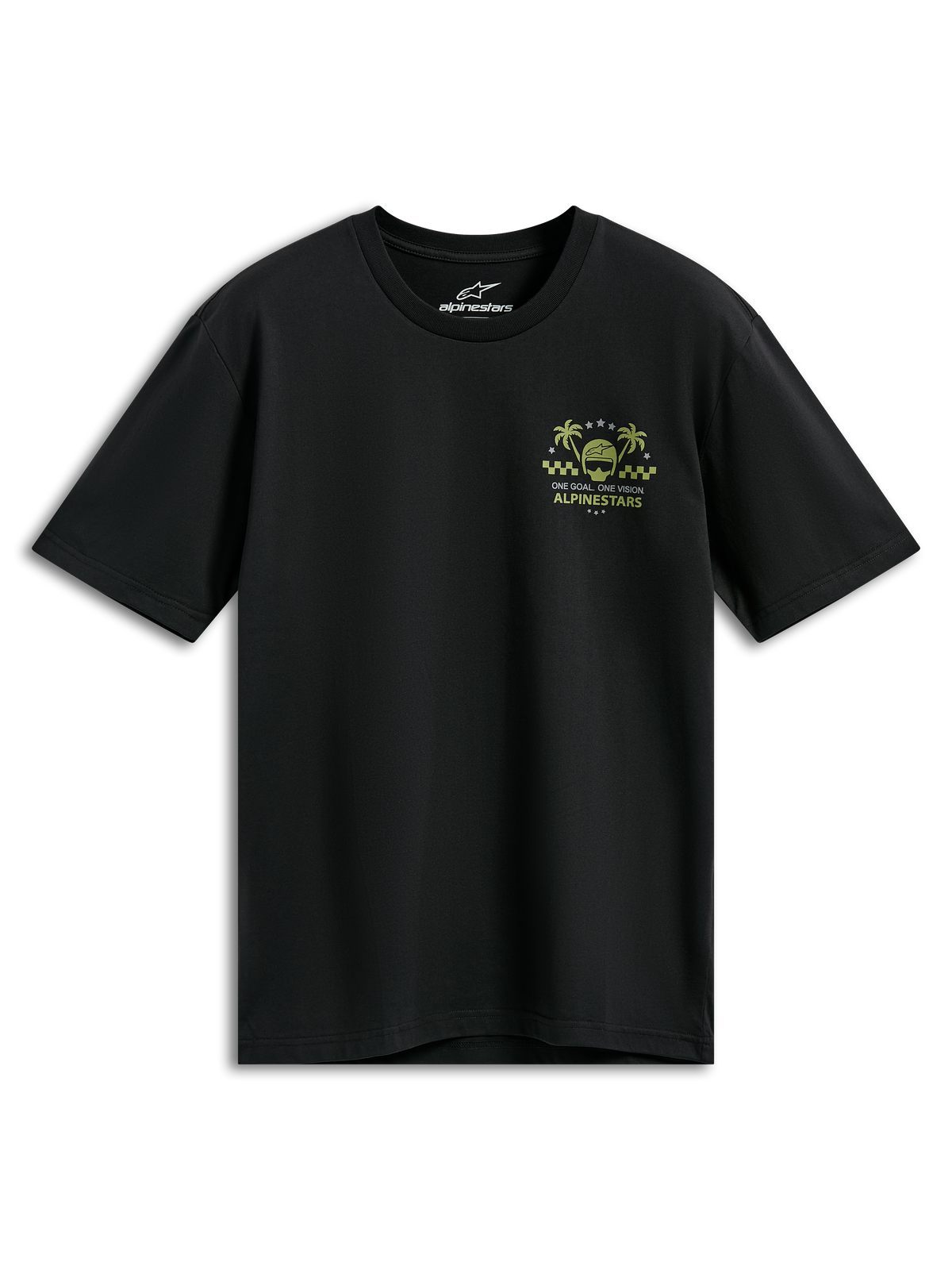 Alpinestars Order CSF T-Shirt, Kurzarm-Shirt, Schwarz, gelbe und grüne Brustgrafik mit Helm und Palmen, „One Goal One Vision“-Schriftzug, lässige Motorsport-Streetwear