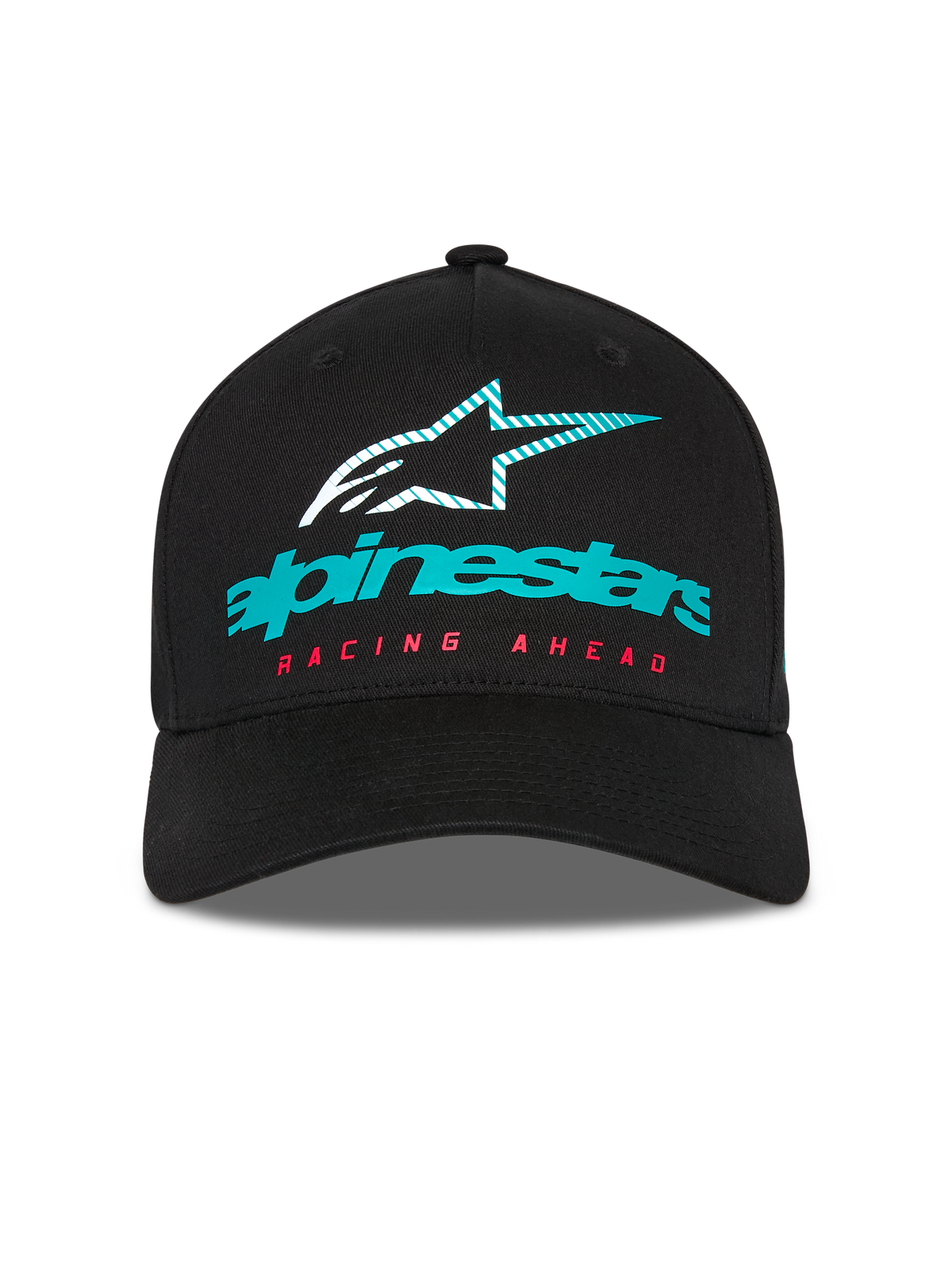 Alpinestars Instinct Hat, strukturierte Baseballkappe, Schwarz, mit türkisfarbenem Alpinestars-Logo, gestreiftem Stern-Symbol und rotem „RACING AHEAD“-Schriftzug, gebogener Schirm, lässige Motorsport-Streetwear