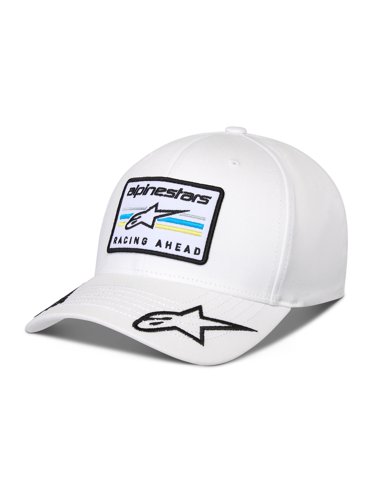 Alpinestars Surpass Hat, White curved bill baseball cap, structured crown, features front embroidered patch with Astars logo and 'RACING AHEAD' text, additional star logo on the bill, casual motorsport-inspired headwear