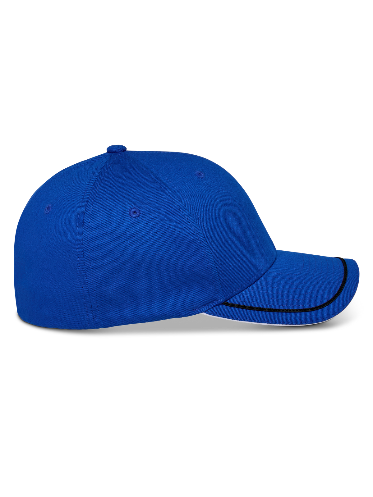 Alpinestars Corp Shift Relay Mütze, strukturierte Baseballkappe, Blau, Seitenansicht mit gebogenem Schirm, schwarzem Sutache-Besatz und weißem Sandwich-Detail, lässige Kopfbedeckung im Motorsport-Stil