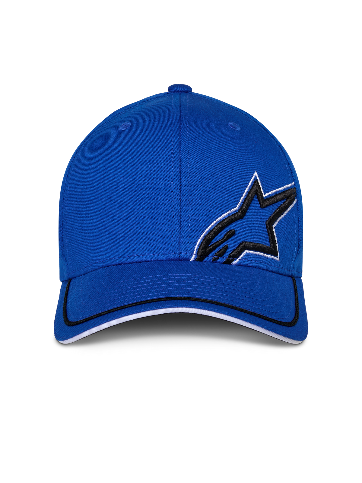 Alpinestars Corp Shift Relay Kappe, Blau, strukturierte Baseballkappe mit gebogenem Schirm, schwarze 3D-Astars-Logo-Stickerei mit weißer Umrandung, schwarz-weißer Sandwich-Besatz am Schirm, lässige Motorsport-Streetwear
