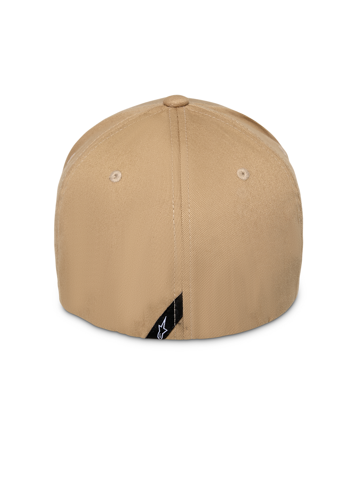 Alpinestars Pivot Kappe, Khaki Sand, Rückansicht, zeigt strukturierte Krone und Flex-Fit-Rückseite, mit einem kleinen schwarzen diagonalen Label mit weißem Astars-Logo, lässige Sport-Kopfbedeckung