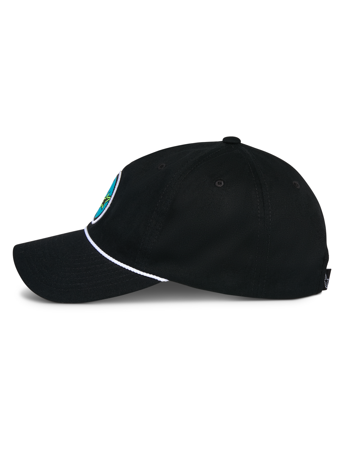 Alpinestars Calipalm Strapback Hat, Black, side profile view, curved bill with white rope accent, black cotton twill fabric, colorful front logo patch, casual motorsport-inspired headwear