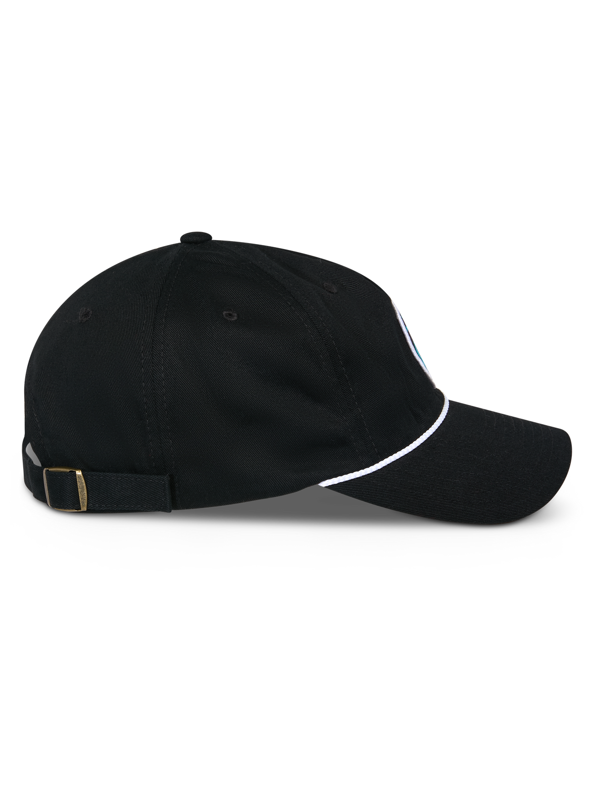 Alpinestars Calipalm Strapback Hat, side profile, black, curved bill with white cord detail, adjustable strapback with brass buckle, 100% cotton twill, casual motorsport-inspired headwear