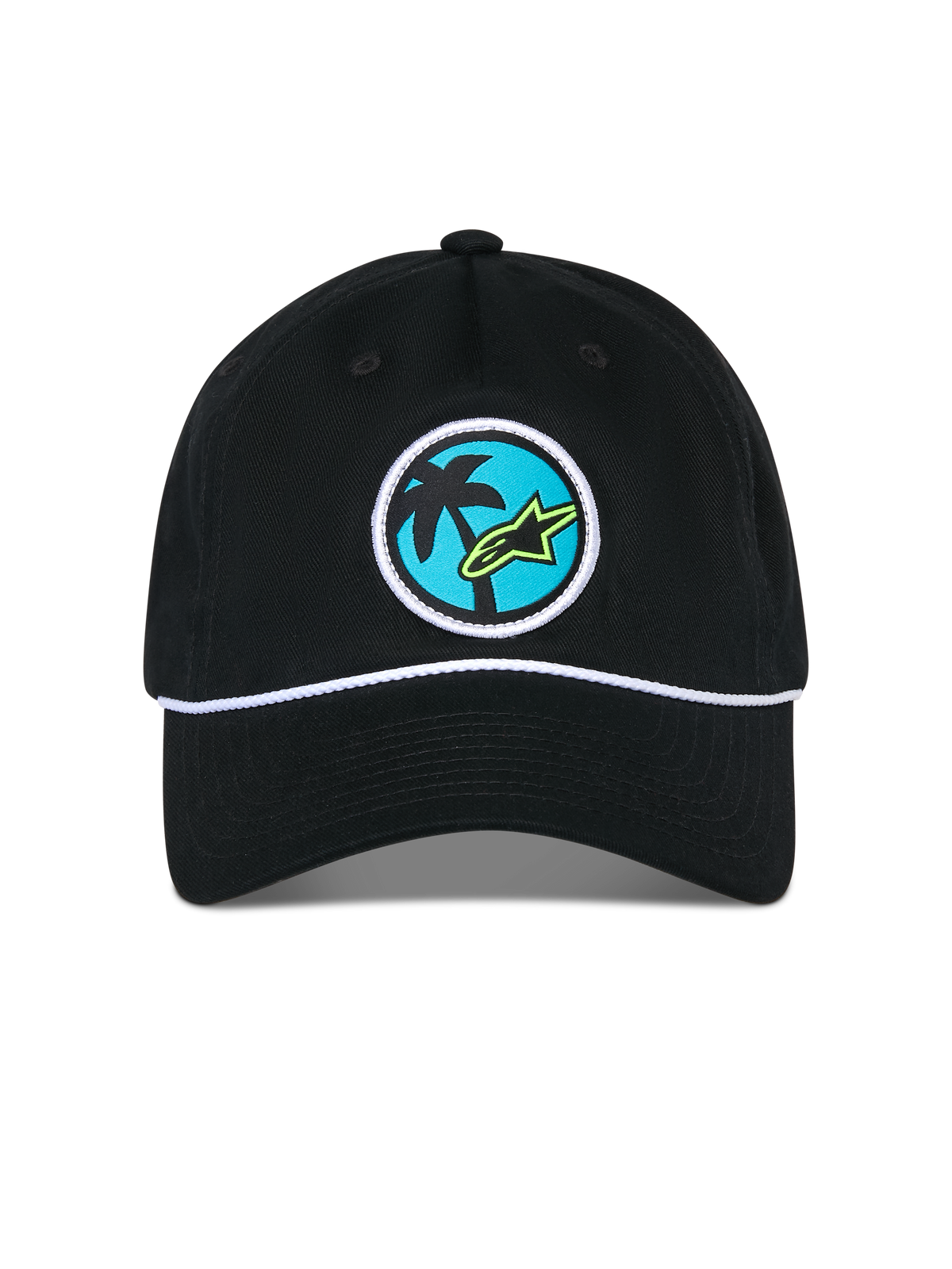 Alpinestars Calipalm Strapback Hat, Black Hat, featuring a circular woven patch with a palm tree and lime green Astars logo on a blue background, white rope cord detail above the bill, Casual Sportswear