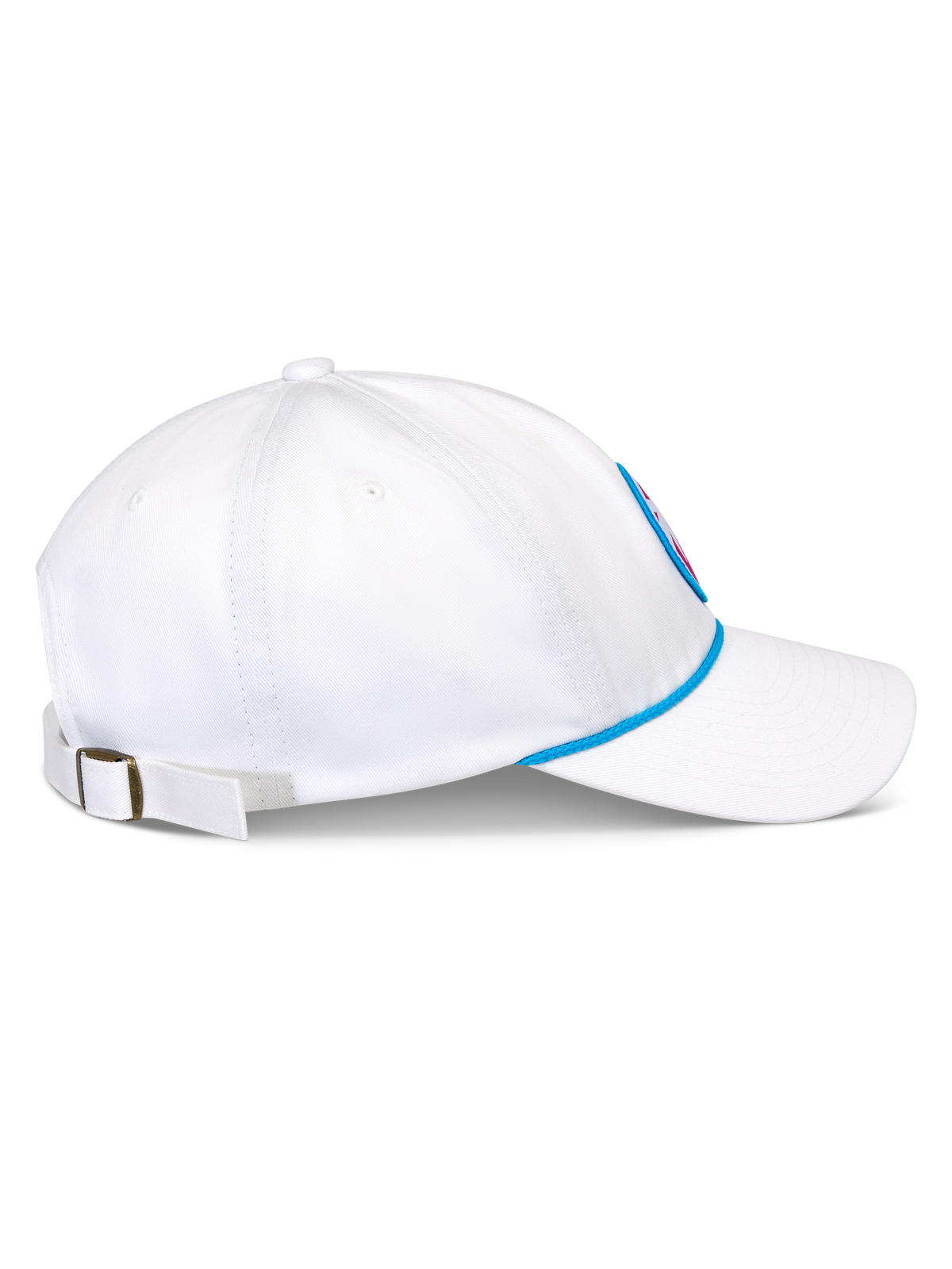 Alpinestars Calipalm Strapback Hat, White, Side view showing curved bill and unstructured low crown, blue rope accent at the base, adjustable rear strap with metal buckle, casual cotton twill sportswear