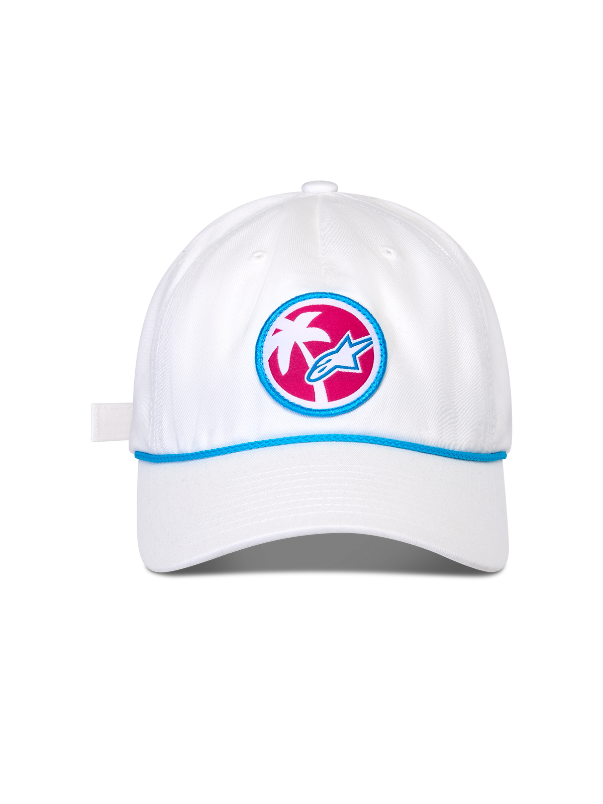Alpinestars Calipalm Strapback Hat, white baseball cap, curved bill with blue cord detail, circular front patch featuring a pink background with a white palm tree and blue Astars logo, casual sportswear headwear