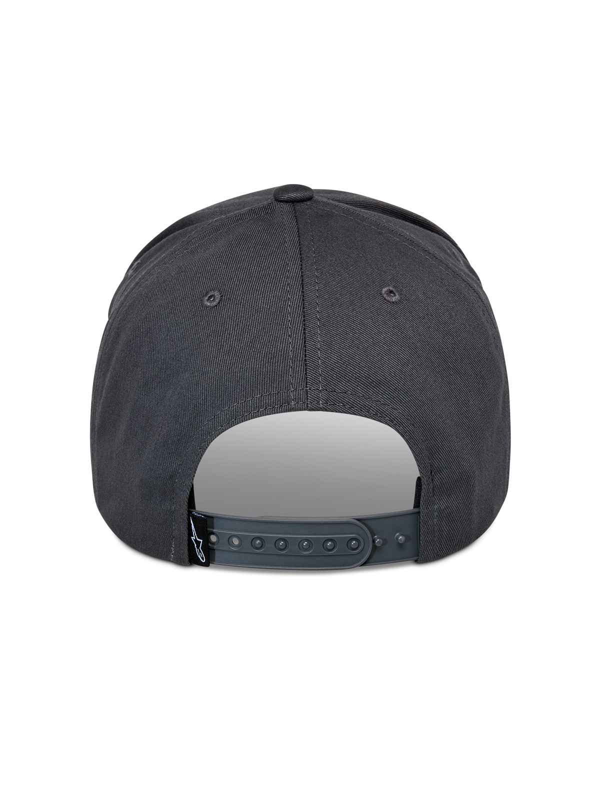 Alpinestars Lucid Snapback Kappe, Dunkelgrau, Rückansicht mit verstellbarem Snapback-Verschluss aus Kunststoff und kleinem schwarzen Logo-Etikett, strukturierte Krone, lässige, vom Motorsport inspirierte Kopfbedeckung