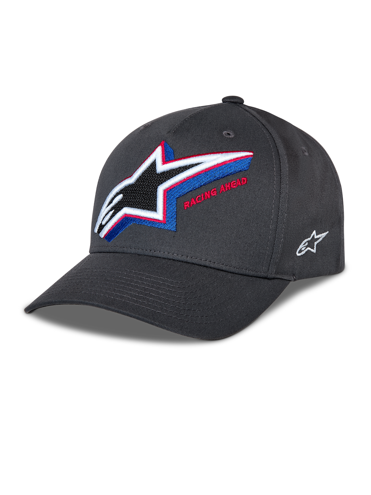 Alpinestars Lucid Snapback Kappe, anthrazitfarbene Baseballkappe, gebogener Schirm mit strukturierter Krone, großes mehrfarbig besticktes Astars-Logo auf der Vorderseite mit „Racing Ahead“-Schriftzug, kleines weißes Logo an der Seite, lässiger Motorsport-Stil