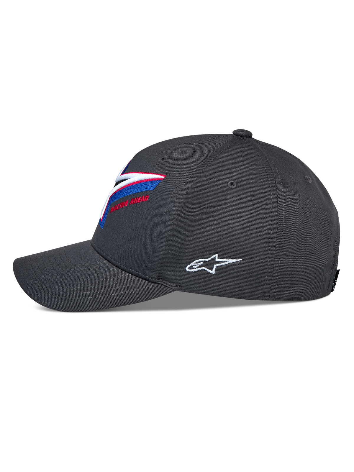 Alpinestars Lucid Snapback Kappe, Seitenansicht, Anthrazit, gebogener Schirm mit strukturierter Krone, lebhafte mehrfarbige Logo-Stickerei vorne, weißes seitliches Astars-Logo, lässige Motorsport-Kopfbedeckung