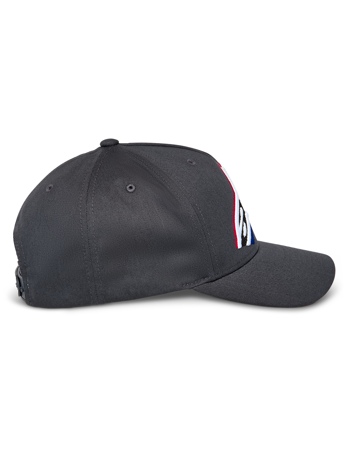 Alpinestars Lucid Snapback Kappe, Seitenansicht, Anthrazitgrau, gebogener Schirm und strukturierte Krone, besticktes Frontlogo mit mehrfarbiger Füllung, lässige, vom Motorsport inspirierte Snapback