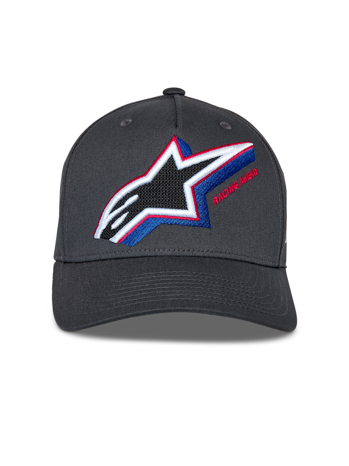 Alpinestars Lucid Snapback Kappe, Anthrazit, mit mehrfarbig besticktem Astars-Logo mit roten und blauen Akzenten, gebogener Schirm, strukturierte Krone, lässige Motorsport-Streetwear