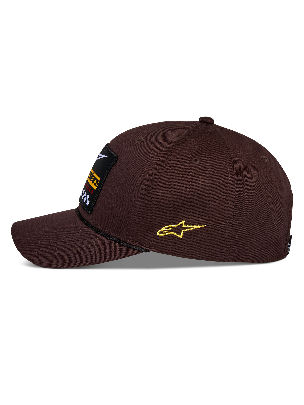 Alpinestars Matrix Snapback Mütze, Braun, Seitenansicht, gebogener Schirm mit schwarzem Kordeldetail, Front-Stickerei-Patch, gelbes seitliches Astars-Logo, strukturierte Baumwolltwill-Konstruktion, lässige Motorsport-Kopfbedeckung