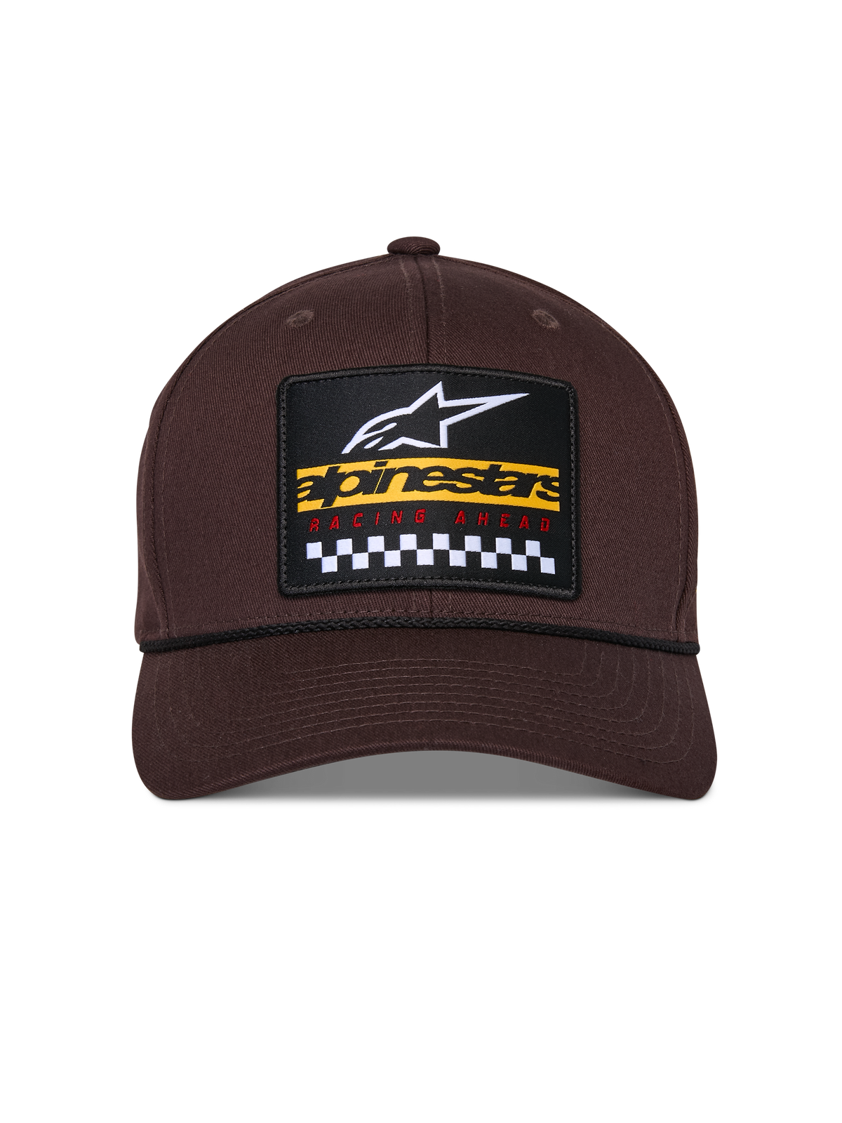 Alpinestars Matrix Snapback Mütze, Braun, Vorderansicht mit strukturierter Krone und gebogenem Schirm, mehrfarbiger Stickerei-Patch mit Alpinestars-Branding und Rennsport-Karomuster, schwarzes Kordel-Detail, lässige, vom Motorsport inspirierte Kopfbedeckung