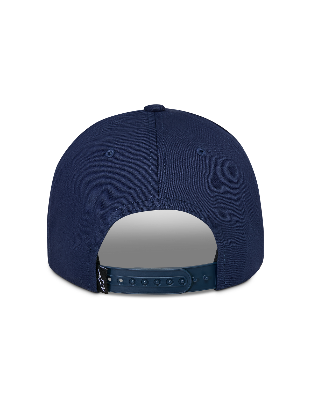 Alpinestars Trifecta Snapback Kappe, Navy, Rückansicht mit verstellbarem Snapback-Verschluss, kleines schwarzes Logo-Etikett, strapazierfähiger Baumwolltwill, lässige Motorsport-Streetwear