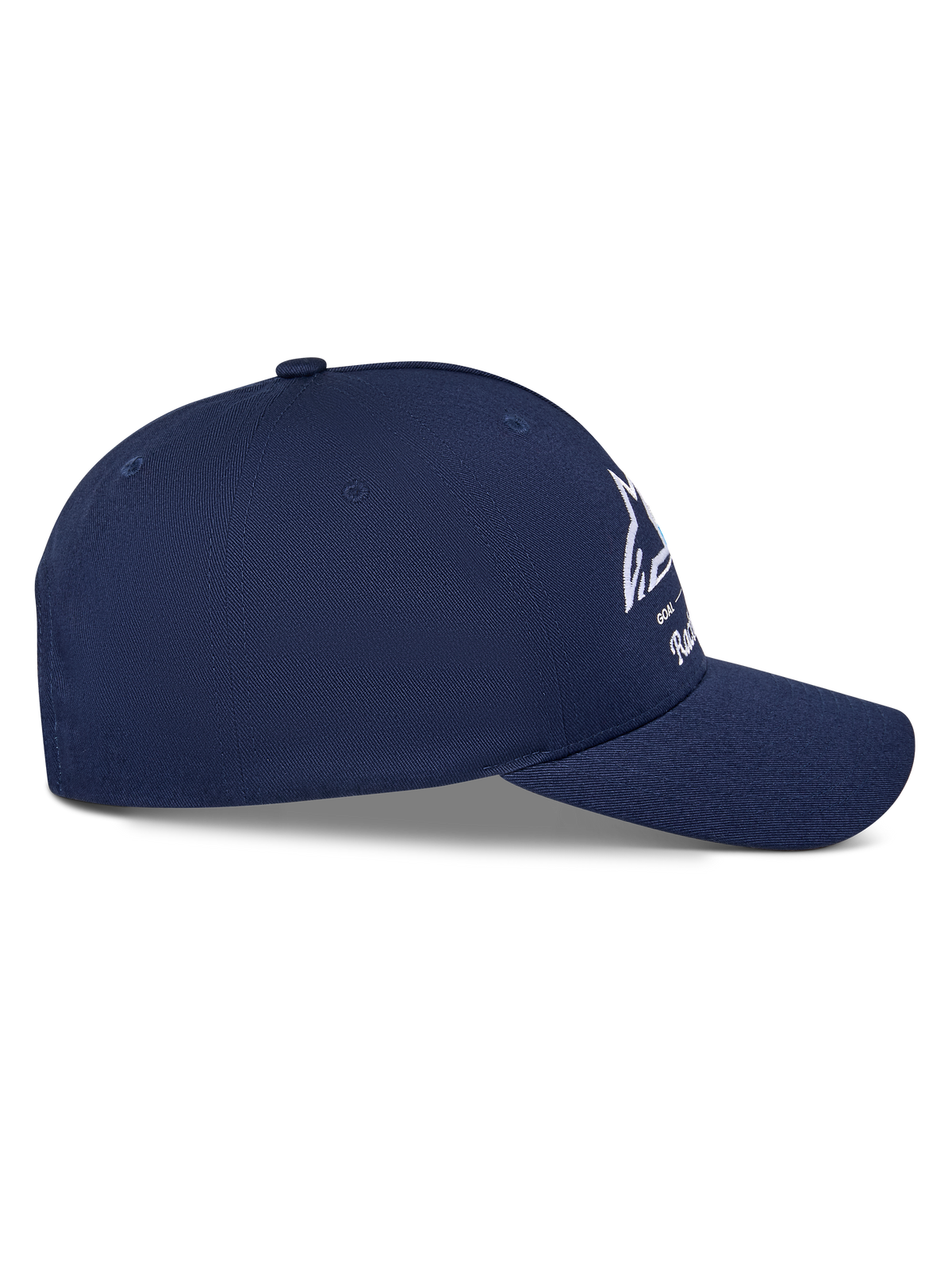 Alpinestars Trifecta Snapback Kappe, Dunkelblau, Seitenansicht mit gebogenem Schirm und strukturierter Krone, weißes Astars-Logo mit dreifarbigen Streifen, Baumwoll-Twill, lässige Motorsport-Streetwear