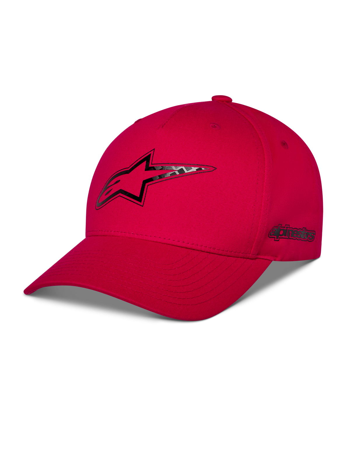 Alpinestars Carbon Fiber Snapback Kappe, Rot, Astars-Logo auf der Vorderseite und seitliches Wortlogo im Carbonfaser-Look Heat-Transfer-Druck, gebogener Schirm und strukturierte Krone, lässige Motorsport-Streetwear