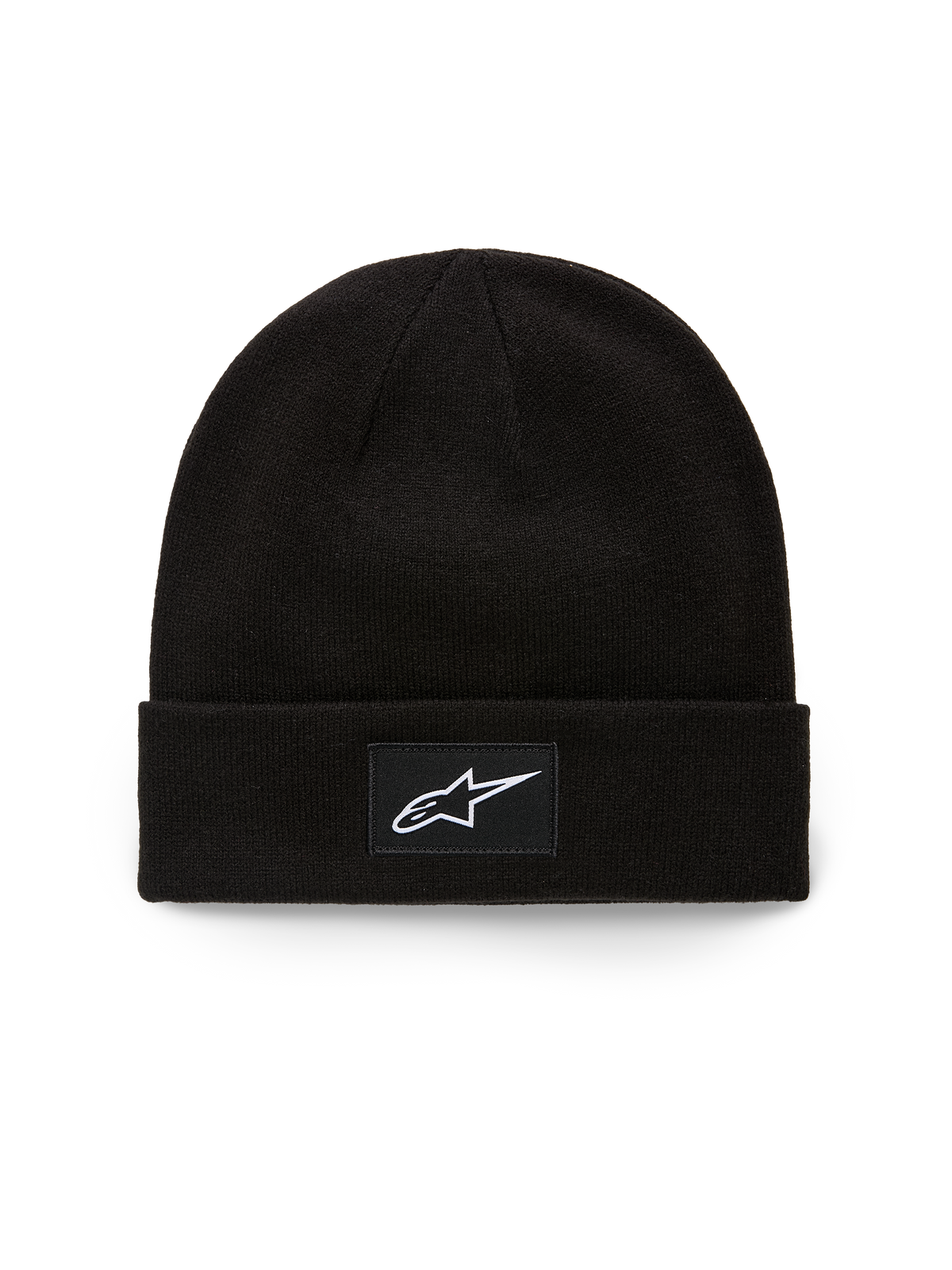 Alpinestars Augment Cuff Beanie, Strickmütze aus Jersey-Strick, Schwarz, mit gewebtem Aufnäher mit weißem Astars-Logo auf dem vorderen Umschlag, lässige Motorsport-Streetwear