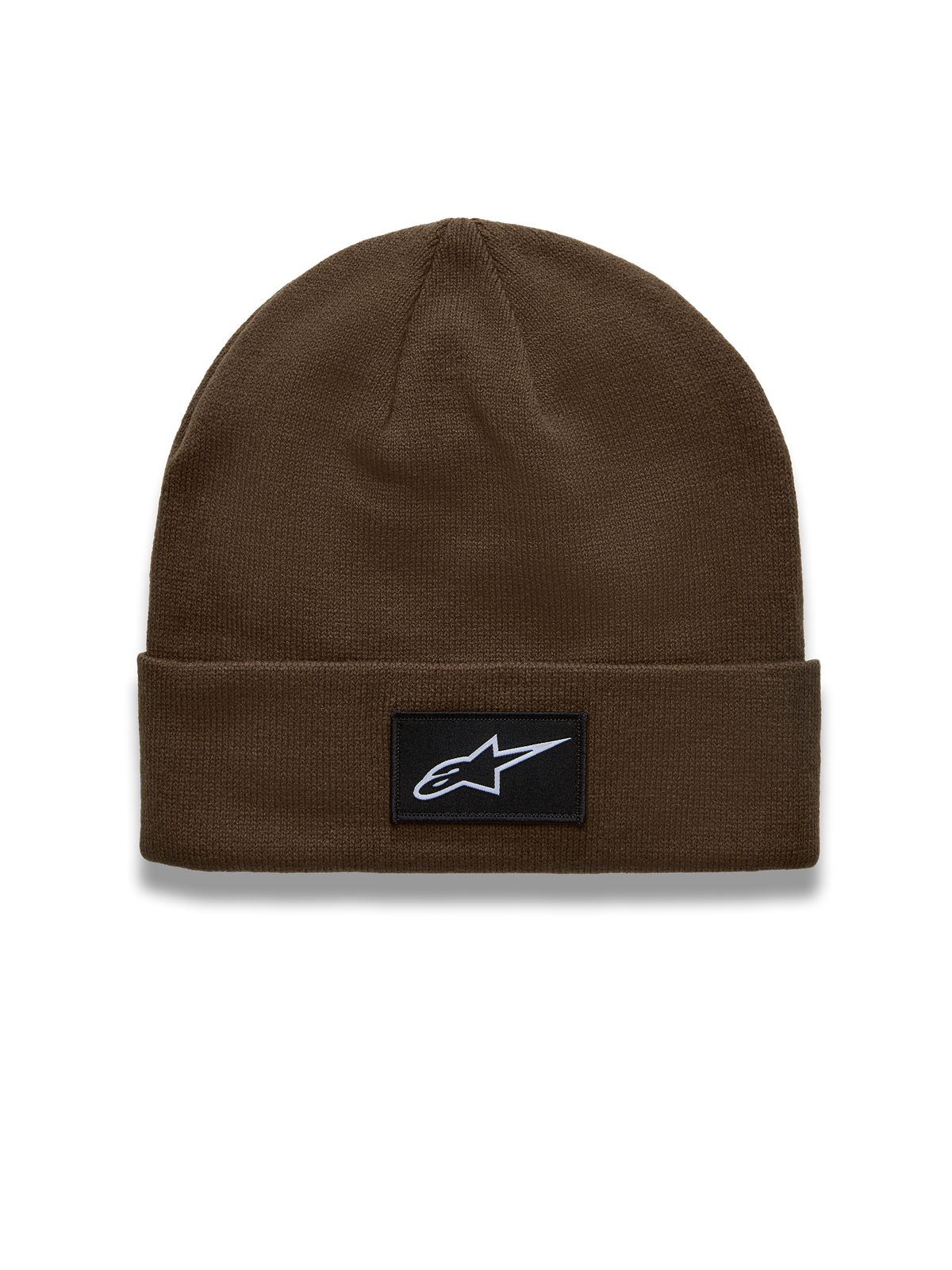 Alpinestars Augment Cuff Mütze, Sportswear-Strickmütze in Braun, mit gewebtem Astars Logo Patch auf dem Umschlag.