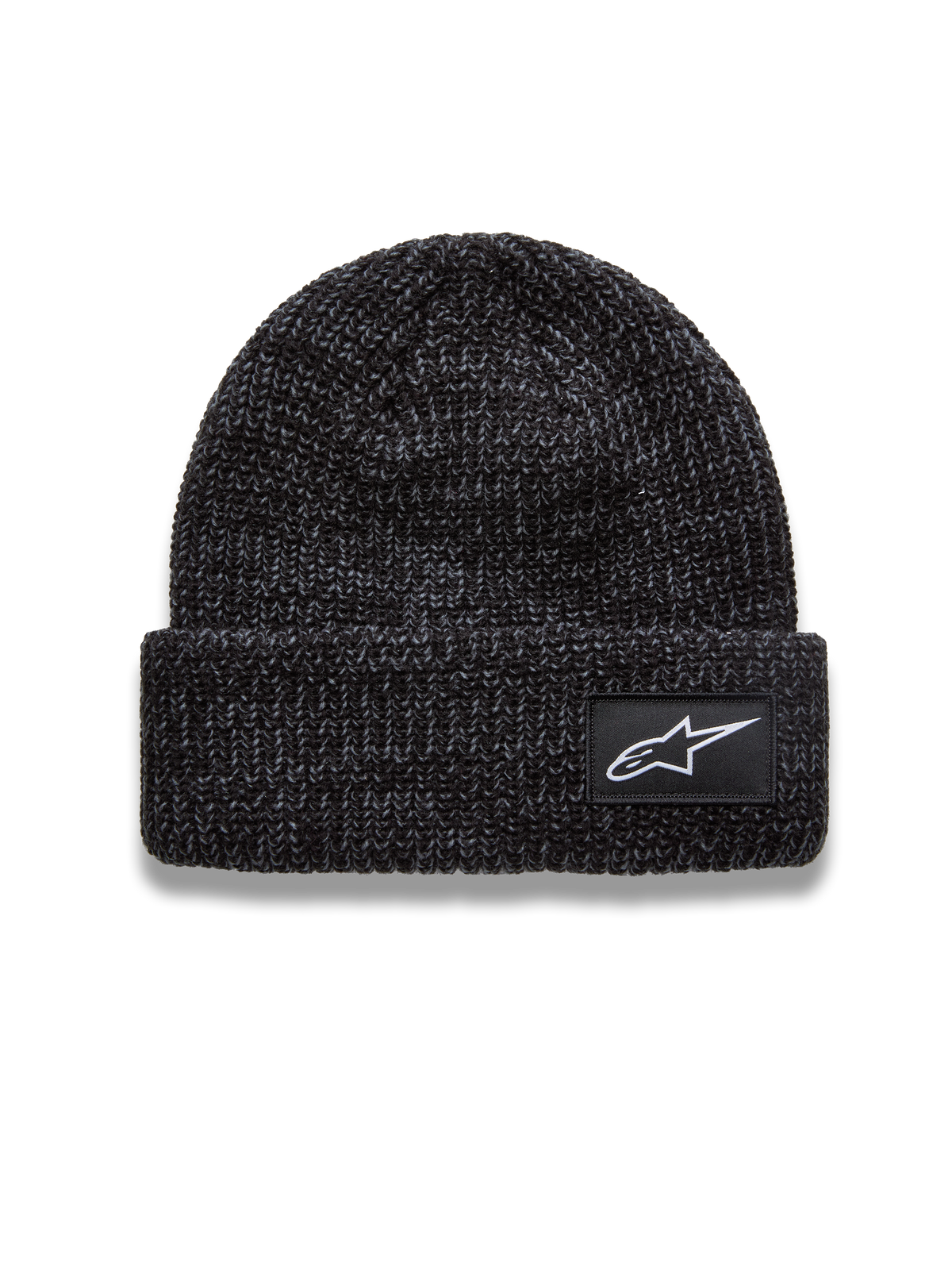 Alpinestars Unload Rib Cuff Mütze, dunkelgrau melierte Sportswear-Strickmütze mit Umschlag und weißem Astar Logo-Patch.