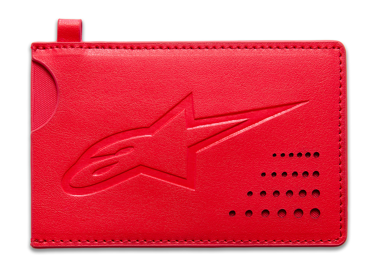 Alpinestars Ageless Kreditkartenhalter, Rot, klassische Geldbörse aus Spaltleder, geprägtes Astars-Logo, gebogene Kerbe, perforiertes Eckdetail, schlankes minimalistisches Accessoire