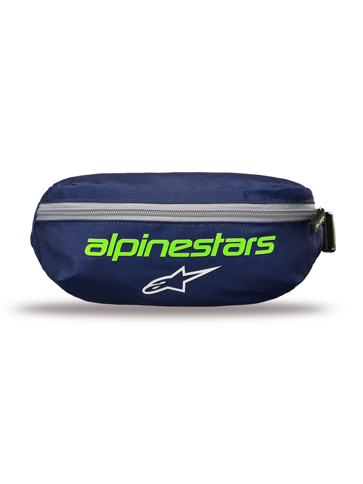 Alpinestars Only Linear Hüfttasche, Navy Green Gürteltasche, dunkelblau mit leuchtend grünem Alpinestars-Schriftzug und weißem Stern-Logo, horizontaler grauer Reißverschluss, strapazierfähige Polyester-Konstruktion, kompaktes Accessoire für den Alltag
