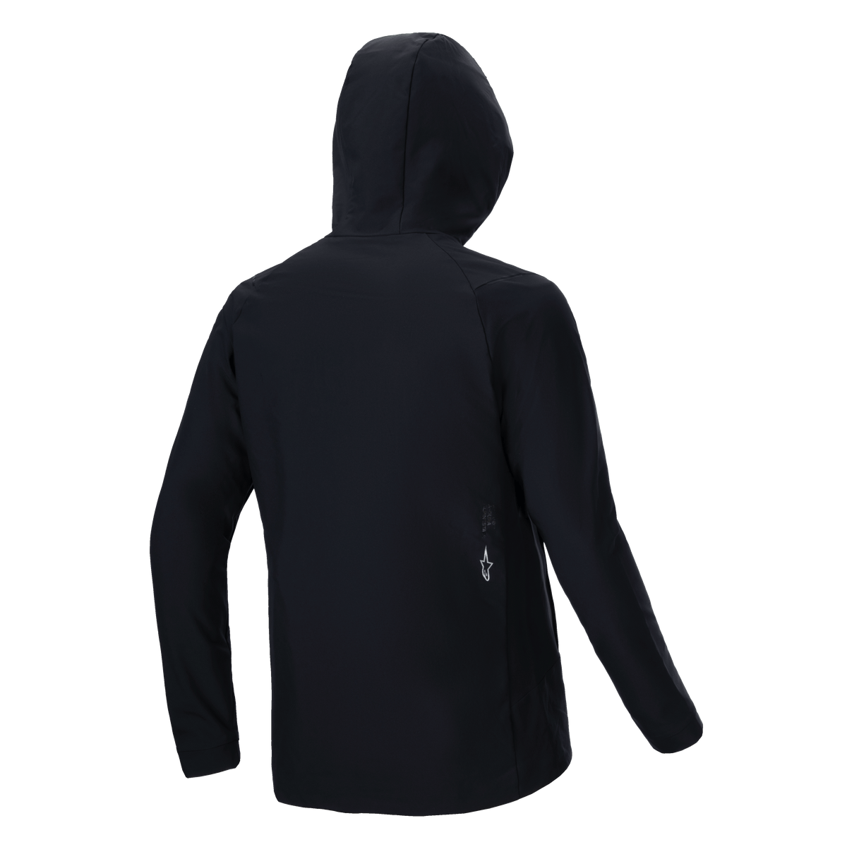 Alpinestars A-Dura Thermojacke, Schwarz, Rückansicht, mit Kapuze und langen Ärmeln, kleines weißes Alpinestars-Logo am unteren Rücken, leichtes isoliertes Design für Mountainbike-Performance