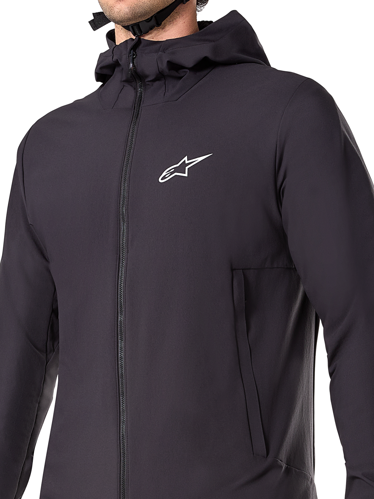 Alpinestars A-Dura Thermojacke, Schwarze Mountainbike-Jacke, Detailaufnahme des isolierten Funktionsmaterials, leichtes und atmungsaktives Design für Geländefahrten bei kaltem Wetter