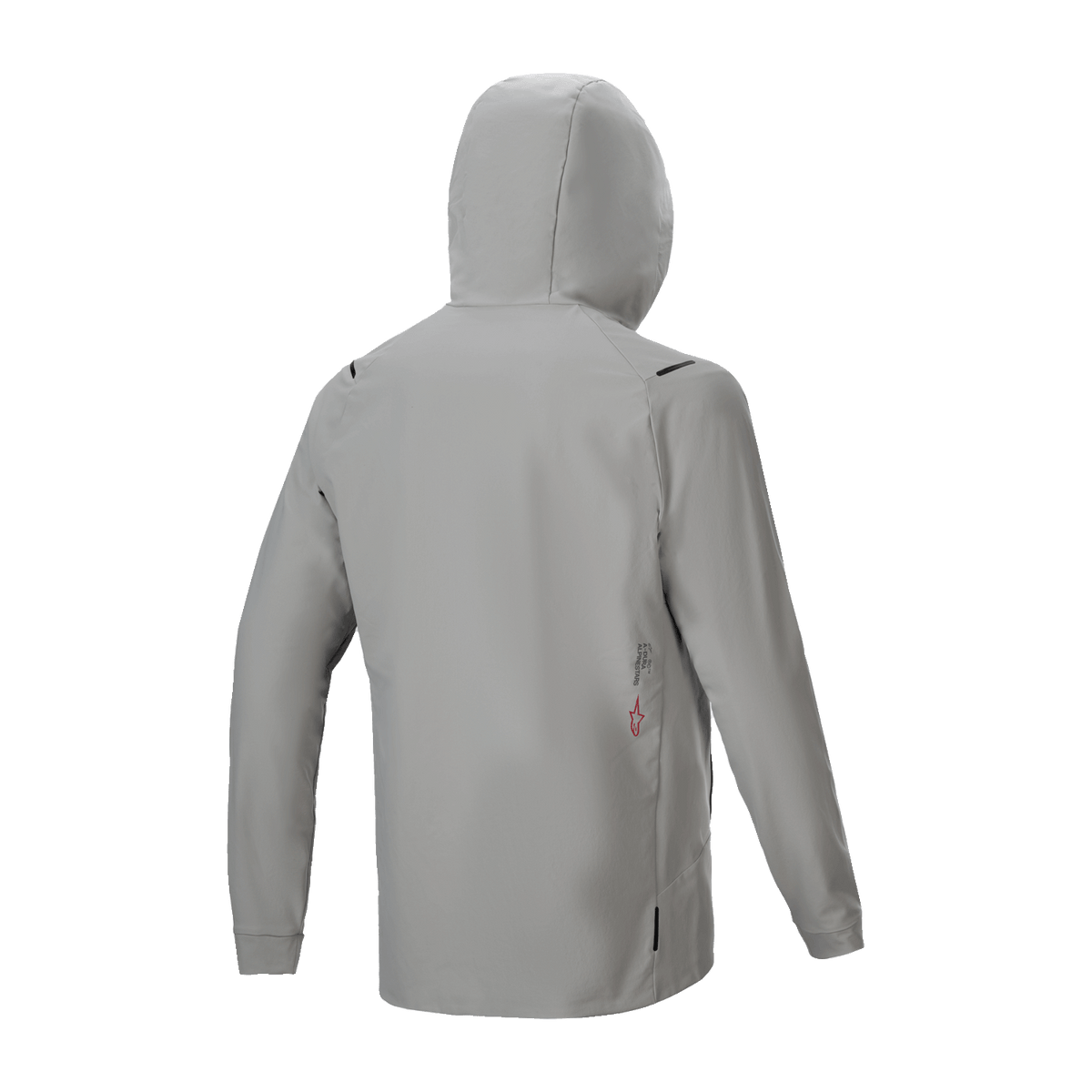 Alpinestars A-Dura Thermojacke, isolierte Radsportjacke, Titanium Grau, Rückansicht mit aufgesetzter Kapuze, minimalistisches Design mit kleinem Logo-Detail am unteren Rücken, leichte Wärmeleistung für das Mountainbiken.