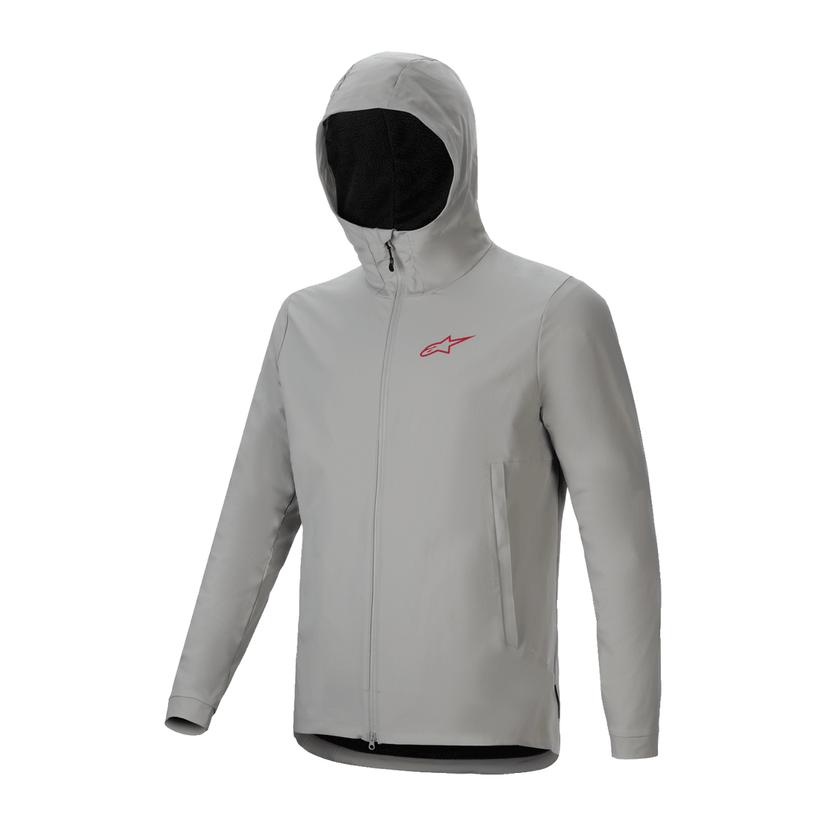Alpinestars A-Dura Thermojacke, hellgraue Titanium-Fahrradjacke mit isolierter Kapuze, rotem Brust-Logo und durchgehendem Front-Reißverschluss, technische Mountainbike-Ausrüstung für Schutz bei kaltem Wetter.