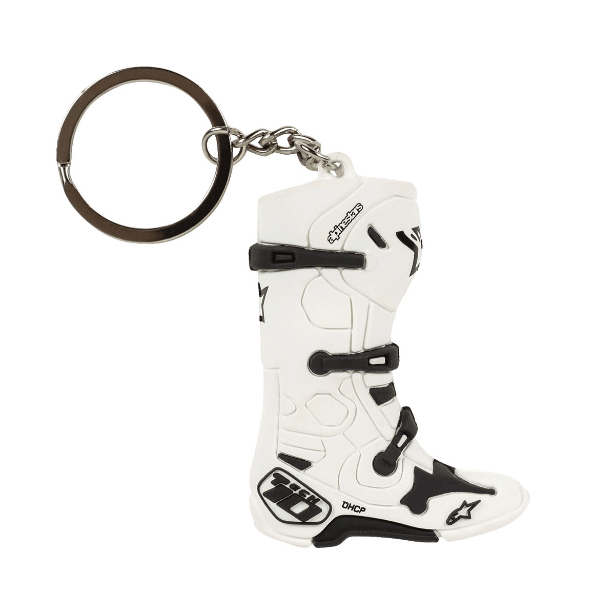 Alpinestars New Tech 10 Boot Keyfob, miniature 3D motocross boot keychain, White and Black, featuring detailed straps and branding, metallic ring and chain, motorsport-inspired accessory