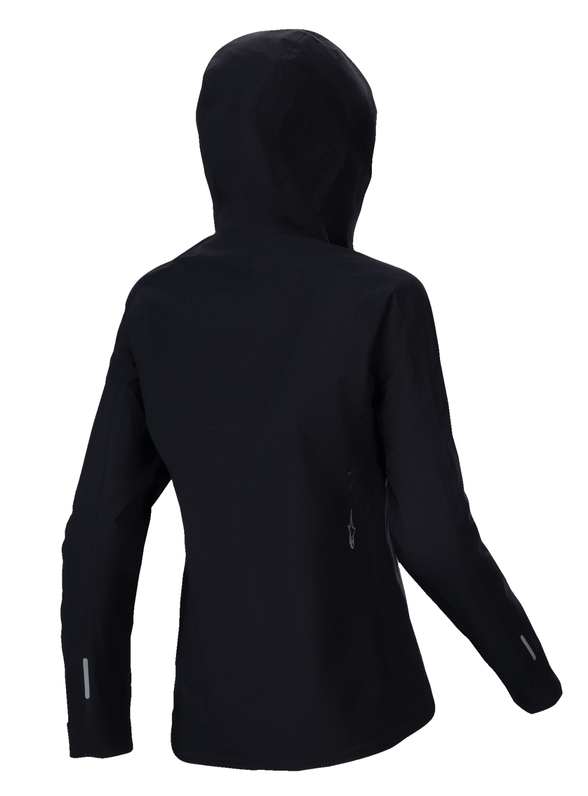 Alpinestars Stella A-Dura Elite Waterproof Jacket, Women's MTB Rain Jacket, Black, back view featuring the over-the-helmet hood, reflective accents on sleeves and lower back, durable ripstop textile for all-weather trail riding