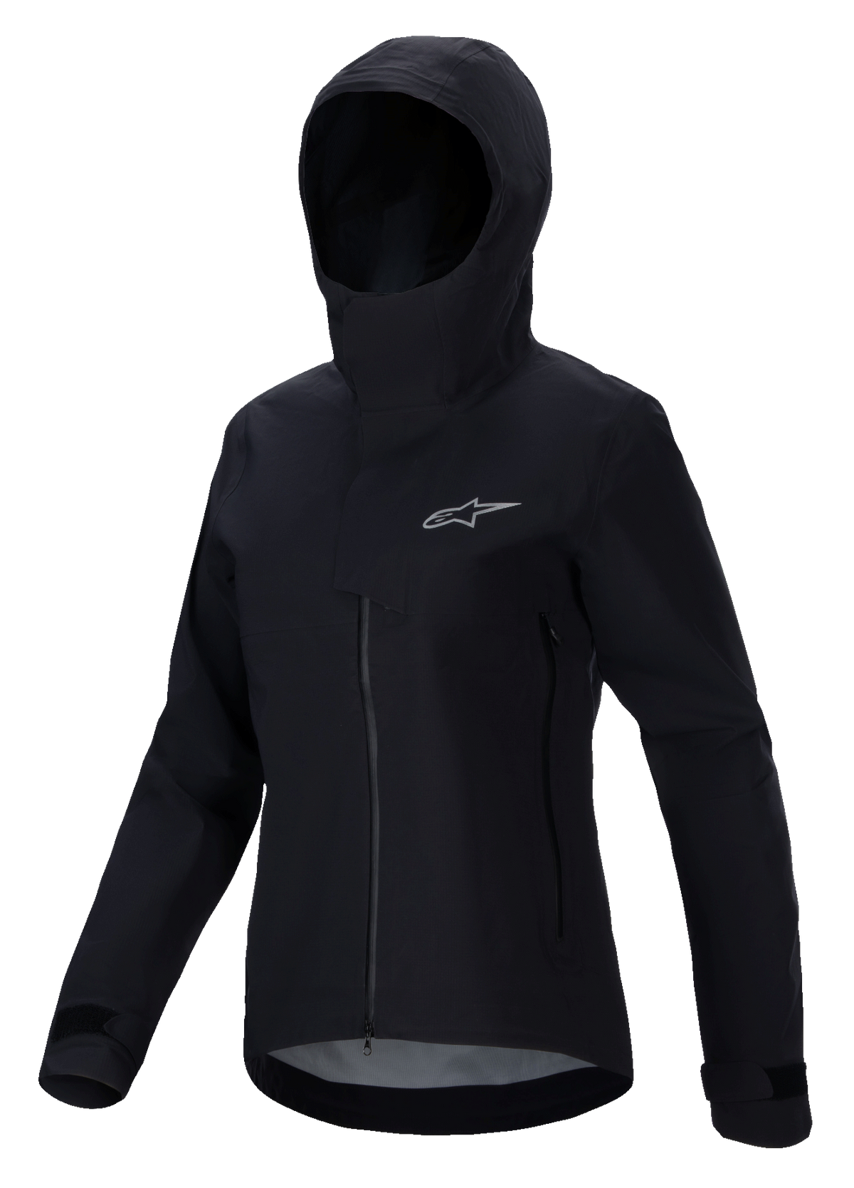 Alpinestars Stella A-Dura Elite Waterproof Jacket, Women's Mountain Bike Jacket, Black, featuring a hooded design with a protective storm flap, front zipper, zippered hand pockets, and adjustable velcro cuffs, technical waterproof fabric with a silver logo on the chest