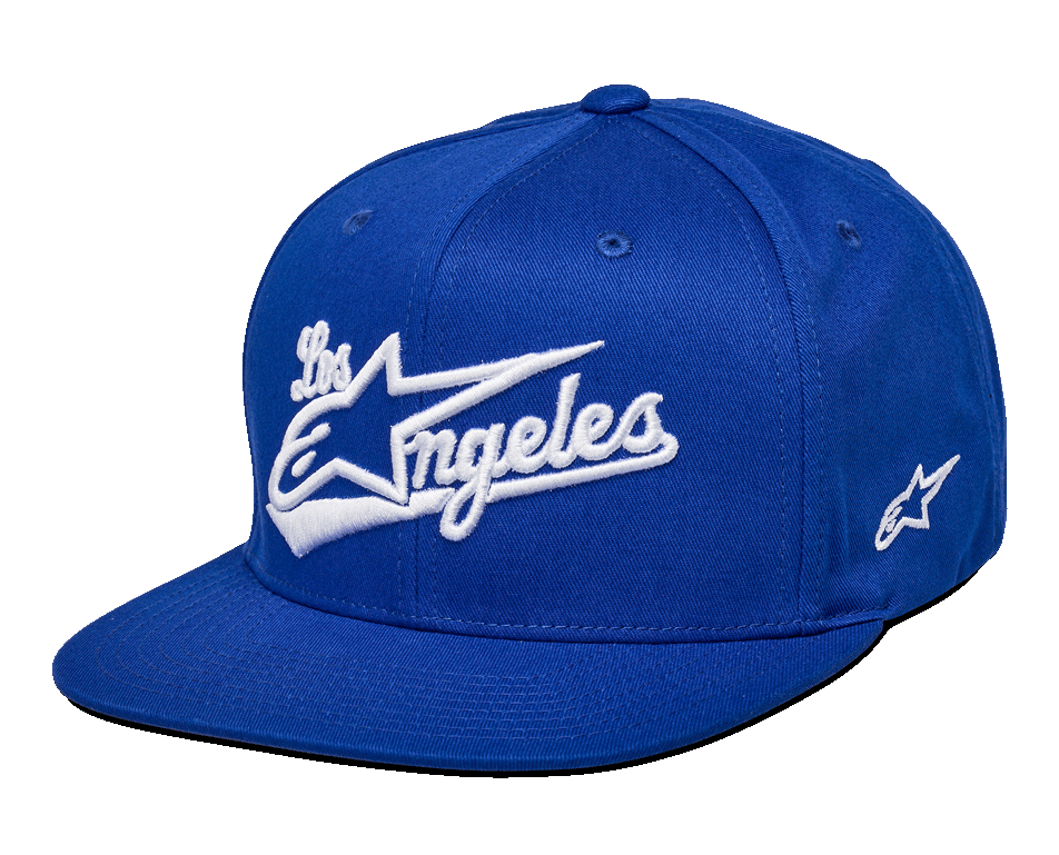 Alpinestars Los Angeles Hat, Blue Snapback Hat, White 3D embroidered Los Angeles athletic font logo, flat bill, structured crown, casual motorsport-inspired headwear