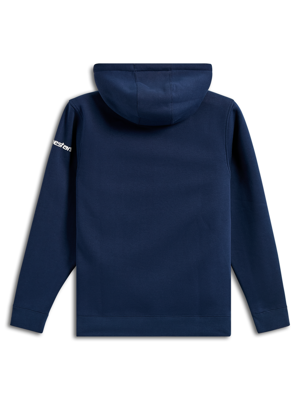 Alpinestars Frontal Hoodie, lässiger marineblauer Fleece-Pullover, Rückansicht, weißer Alpinestars-Schriftzug auf dem Ärmel, Rippbündchen an Ärmeln und Saum, vom Motorsport inspirierte Streetwear