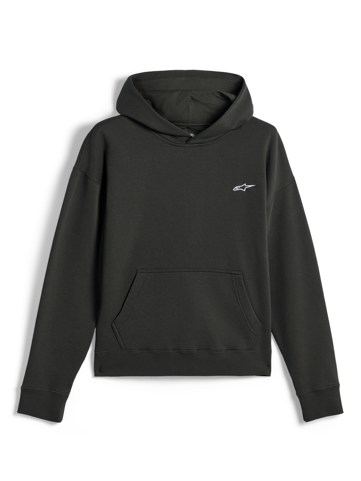 Alpinestars Essentials Ageless Hoodie, lässige Streetwear, Off Black mit kleinem weißem Astars-Logo, Kapuzenpullover mit Kängurutasche vorne, hochwertiges Stone-Wash-Fleece-Finish