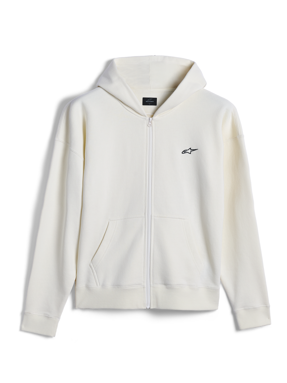 Alpinestars Essentials Ageless Zip Hoodie, casual streetwear, off-white with small black Alpinestars logo, full-zip front, split kangaroo pocket, relaxed fit, premium compact fleece design