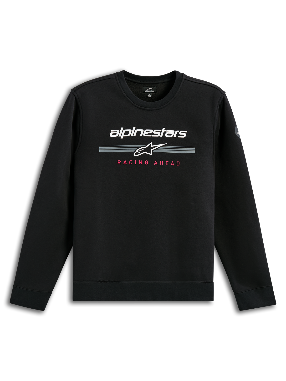Alpinestars Bettern Crew, schwarzes Crewneck-Sweatshirt, weißer Alpinestars-Schriftzug mit grauen Rennstreifen, roter „Racing Ahead“-Schriftzug, lässige Motorsport-Streetwear