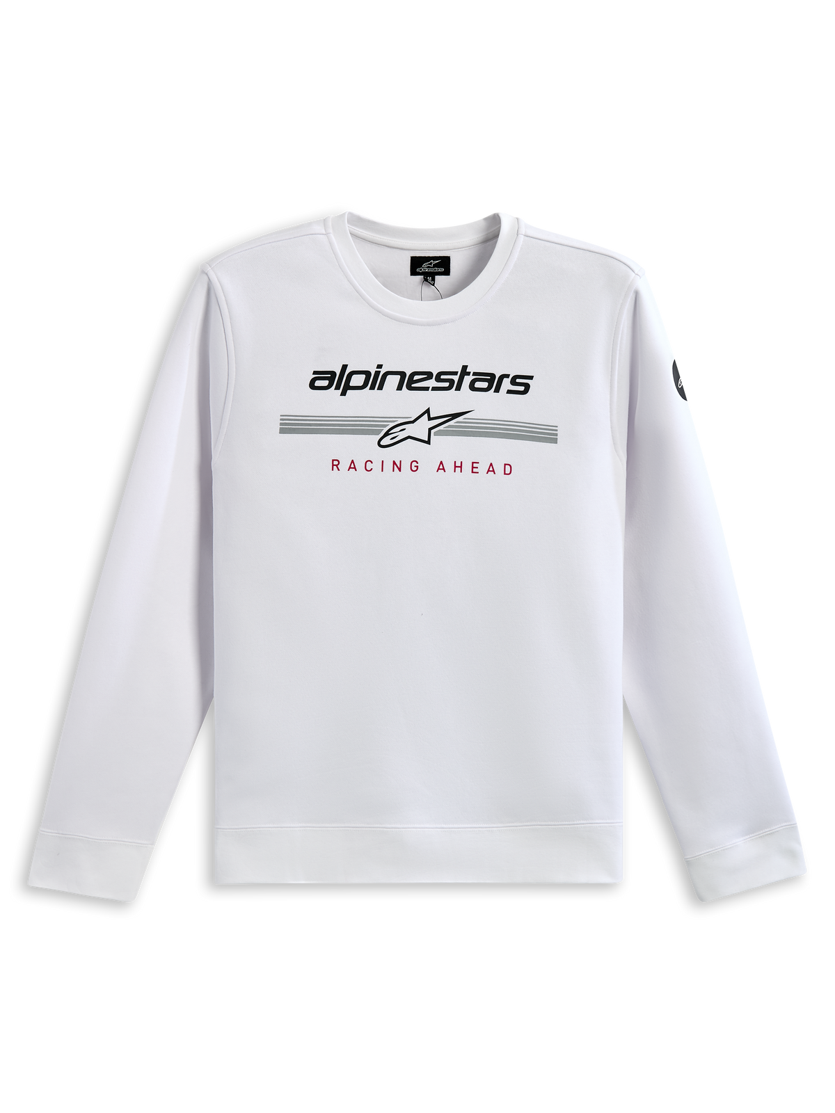 Alpinestars Bettern Crew Sweatshirt, Weiß, mit schwarzem Alpinestars-Branding, grauen Rennstreifen mit weißem Stern-Logo und rotem 'RACING AHEAD' Aufdruck, lässige Motorsport-Streetwear