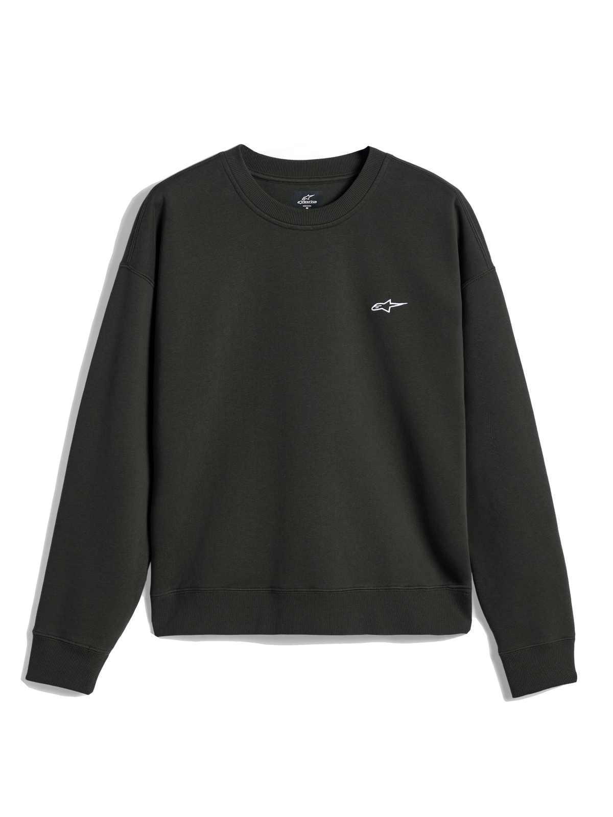 Alpinestars Essentials Ageless Crew, Rundhals-Sweatshirt, Off-Black, kleines weißes A-Star-Logo auf der Brust, gerippter Kragen, Bündchen und Saum, lässige Premium-Fleece-Streetwear