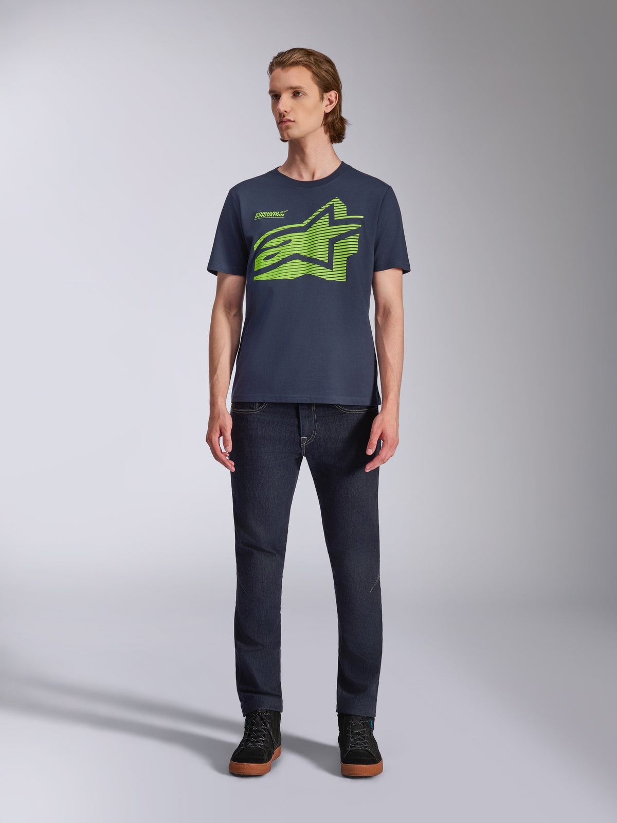 Alpinestars Fasting CSF Tee, Kurzarm-T-Shirt, Navy-Blau, Limettengrünes geometrisches Astars-Logo, Casual Motorsport Streetwear