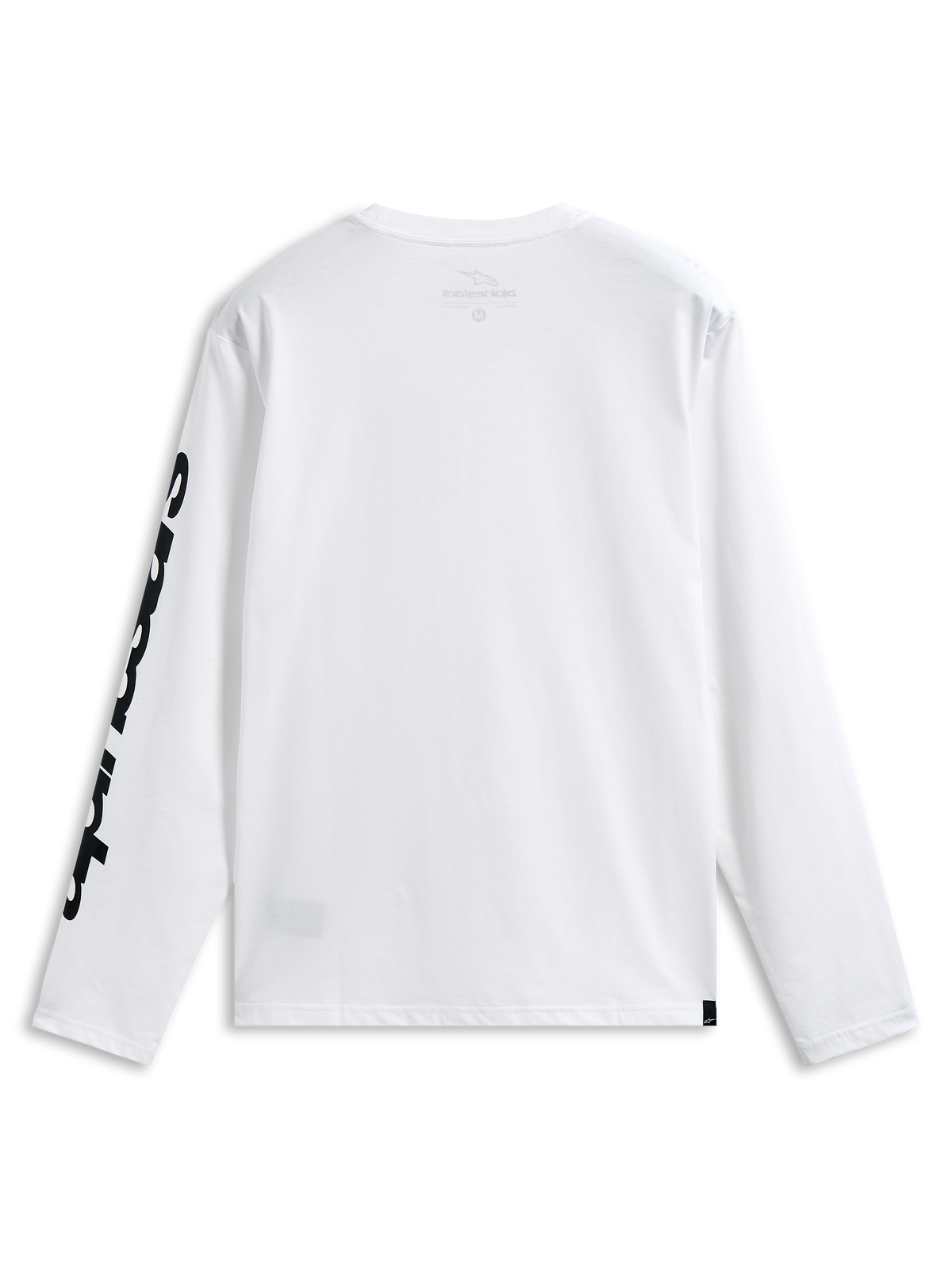 Alpinestars Trackside CSF Tee, Langarm-T-Shirt, Weiß und Schwarz, Rückansicht mit markanter schwarzer Grafik auf dem Ärmel, lässige, vom Motorsport inspirierte Streetwear