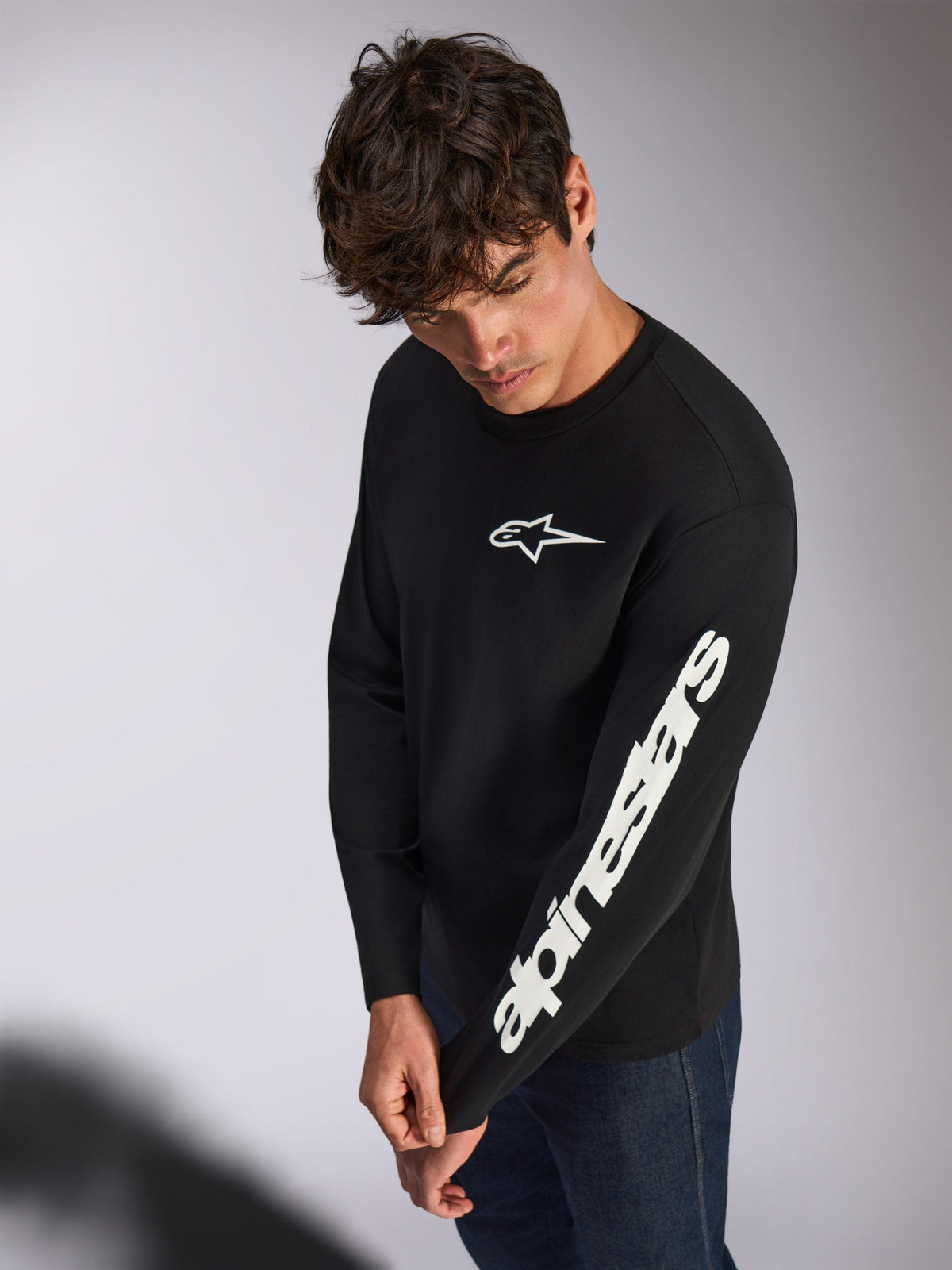Alpinestars Trackside CSF Tee, Long Sleeve T-Shirt, Black, white Alpinestars logo on chest and white text on left sleeve, casual motorsport streetwear