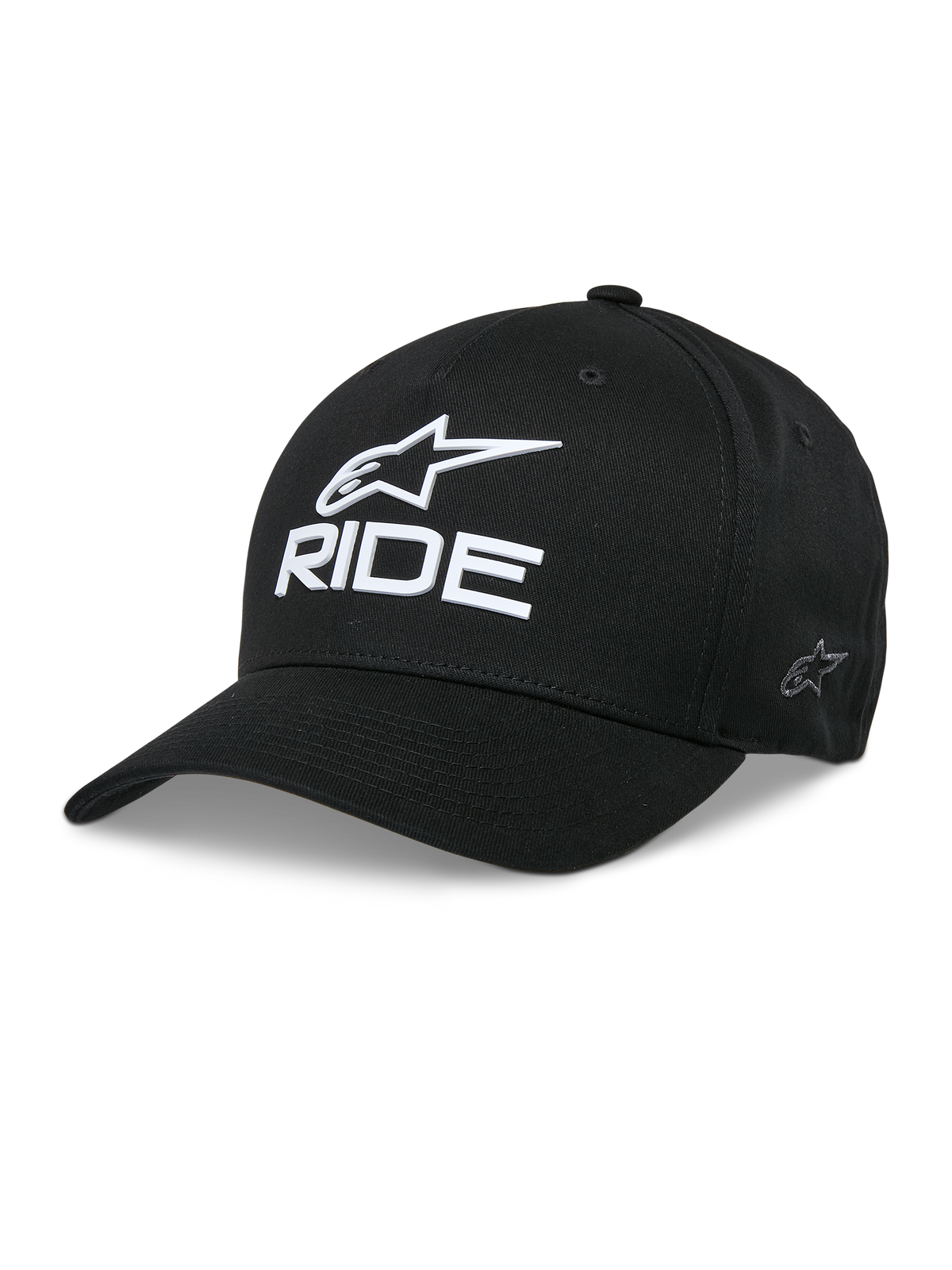 Alpinestars Ride Sonic Kappe, schwarze Baseball-Kappe, weißes 3D-gesticktes Stern-Logo und RIDE-Schriftzug, gebogener Schirm, strukturierte Krone, lässige Motorsport-Kopfbedeckung