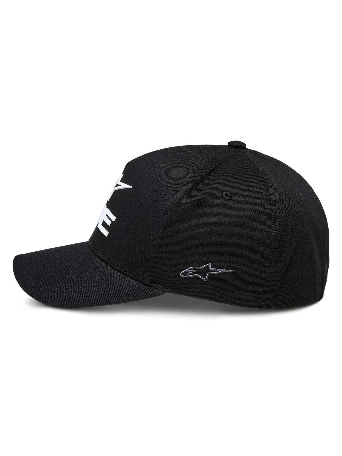 Alpinestars Ride Sonic Kappe, strukturierte Baseballkappe, Schwarz, Seitenansicht mit gebogenem Schirm und kleinem grau gestickten Stern-Logo auf dem Seitenpanel, Stretch-Twill-Gewebe, lässige Motorsport-Kopfbedeckung