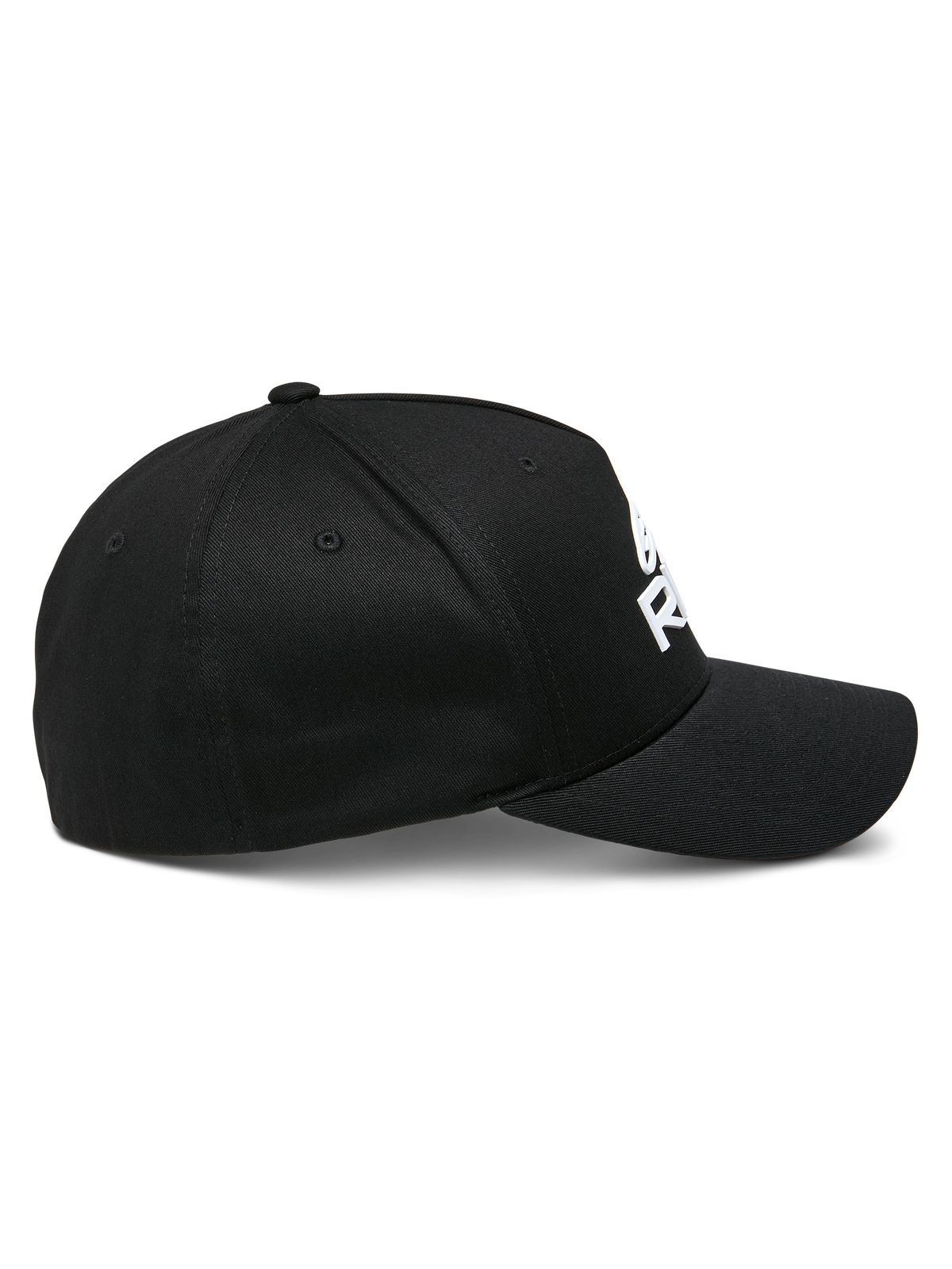 Alpinestars Ride Sonic Kappe, Seitenansicht, Schwarz mit weißem 3D-Sticklogo, gebogener Schirm, strukturierte Krone, Stretch-Twill-Gewebe, lässige Motorsport-Kopfbedeckung